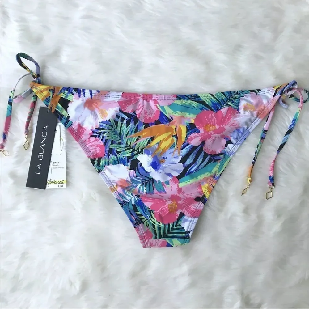 LA BLANCA Floral Print String Bikini Bottom Side Tie Low Rise Cheeky Size 12 New